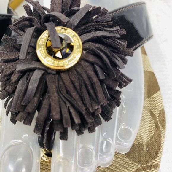 Coach Woman SUKI Leather Brown Khaki Logo Fringe Flower Flat Slide Sandals Sz 7 - Picture 13 of 14